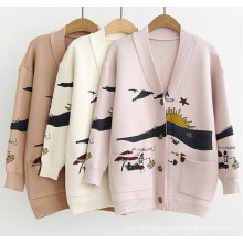 Cardigan Sweater Women′s New Loose Cute Print Joker Knitted Jacket